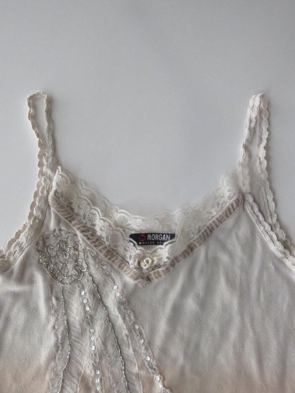 Morgan de Toi Ombre Knit Camisole, Beaded Sequin Lace Trim, 2000s Fairy French T
